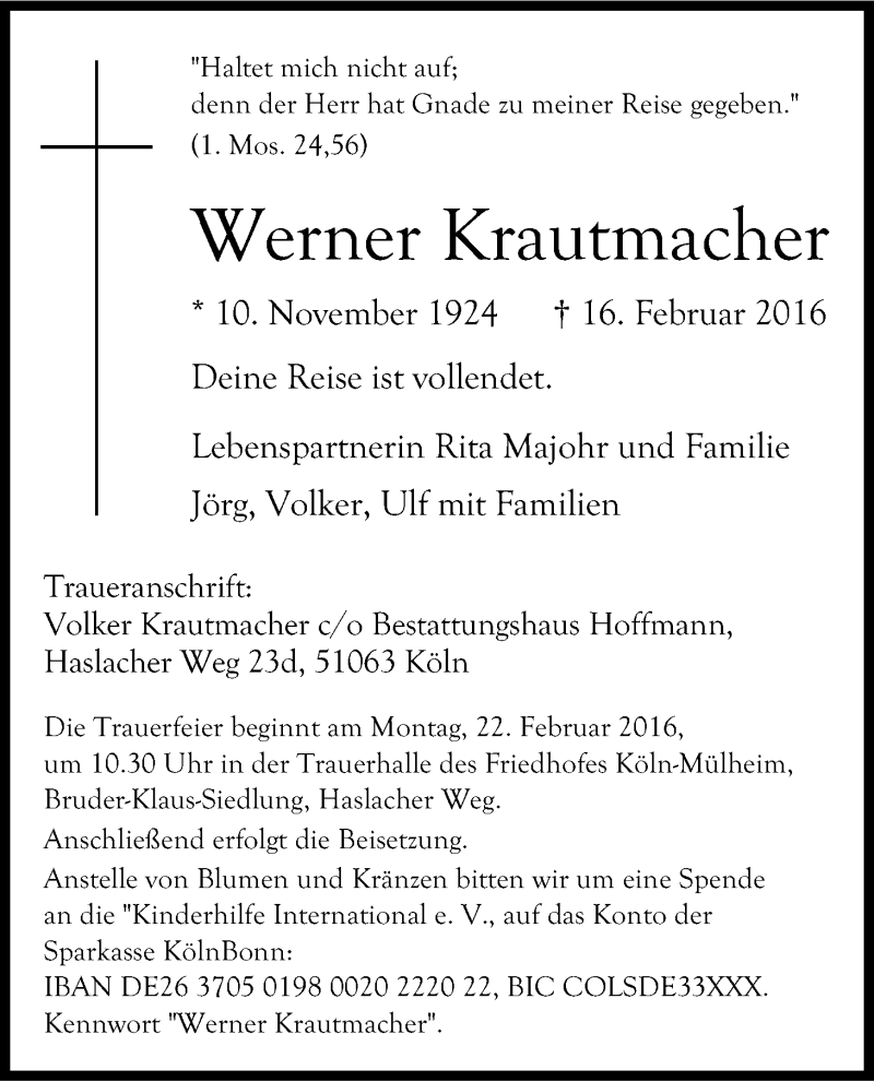  Traueranzeige für Werner Krautmacher vom 20.02.2016 aus Kölner Stadt-Anzeiger / Kölnische Rundschau / Express