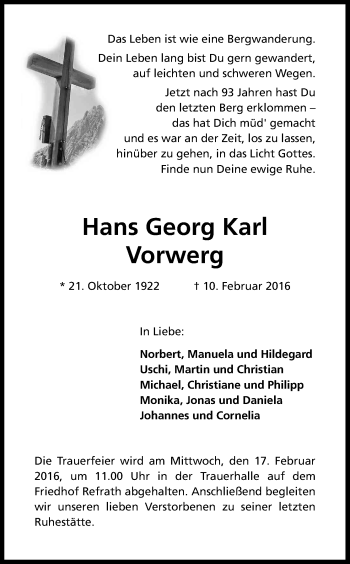 Anzeige von Hans Georg Karl Vorwerg von Kölner Stadt-Anzeiger / Kölnische Rundschau / Express