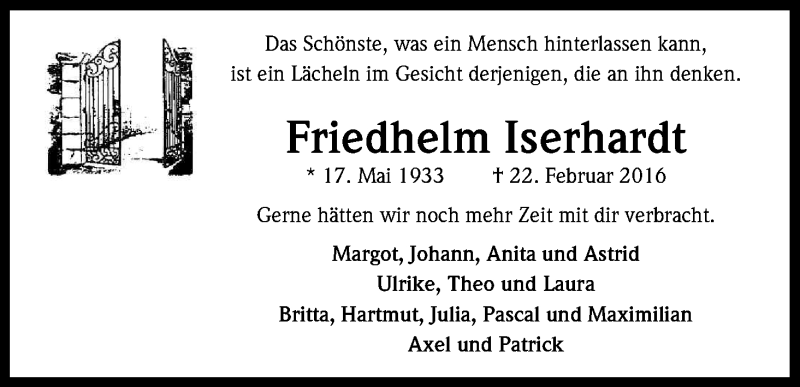  Traueranzeige für Friedhelm Iserhardt vom 27.02.2016 aus Kölner Stadt-Anzeiger / Kölnische Rundschau / Express