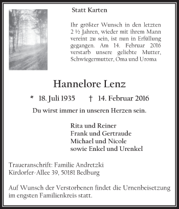 Anzeige von Hannelore Lenz von  Werbepost 