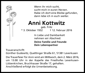 Anzeige von Anni Kottwitz von Kölner Stadt-Anzeiger / Kölnische Rundschau / Express