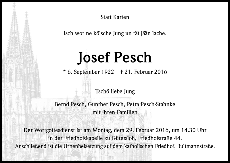  Traueranzeige für Josef Pesch vom 24.02.2016 aus Kölner Stadt-Anzeiger / Kölnische Rundschau / Express