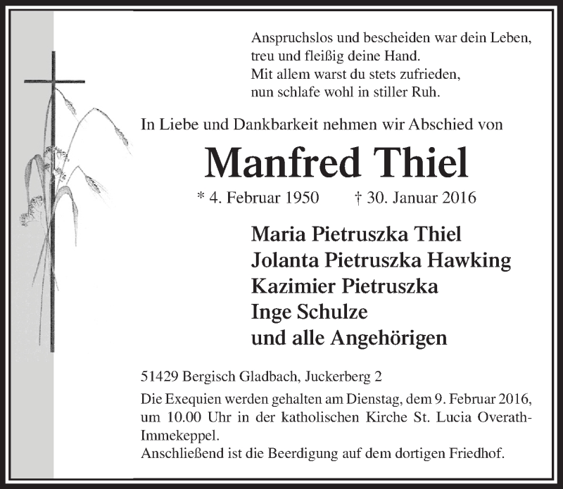  Traueranzeige für Manfred Thiel vom 03.02.2016 aus  Bergisches Handelsblatt 