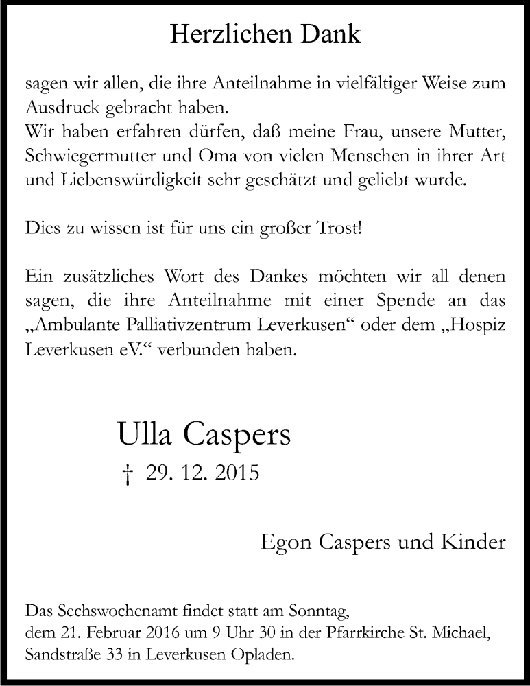  Traueranzeige für Ulla Caspers vom 20.02.2016 aus Kölner Stadt-Anzeiger / Kölnische Rundschau / Express