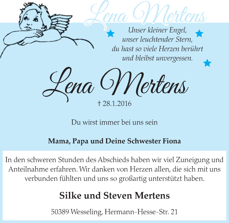  Traueranzeige für Lena Mertens vom 17.02.2016 aus  Schlossbote/Werbekurier 