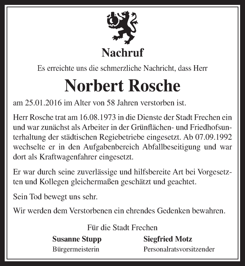  Traueranzeige für Norbert Rosché vom 03.02.2016 aus  Wochenende 