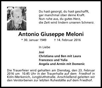 Anzeige von Antonio Giuseppe Meloni von Kölner Stadt-Anzeiger / Kölnische Rundschau / Express