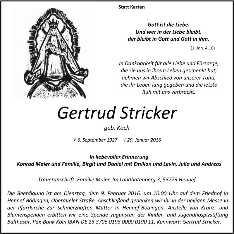  Traueranzeige für Gertrud Stricker vom 03.02.2016 aus  Extra Blatt 