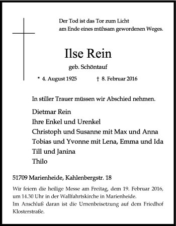 Anzeige von Ilse Rein von Kölner Stadt-Anzeiger / Kölnische Rundschau / Express