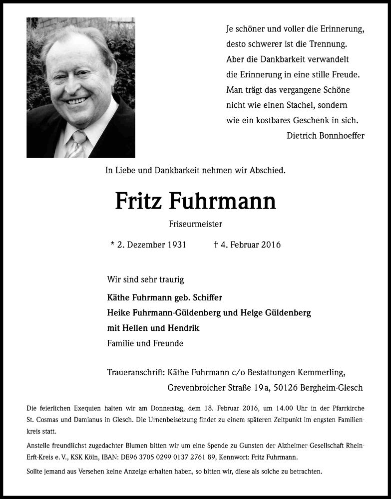  Traueranzeige für Fritz Fuhrmann vom 13.02.2016 aus Kölner Stadt-Anzeiger / Kölnische Rundschau / Express