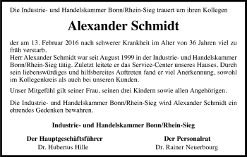Anzeige von Alexander Schmidt von Kölner Stadt-Anzeiger / Kölnische Rundschau / Express