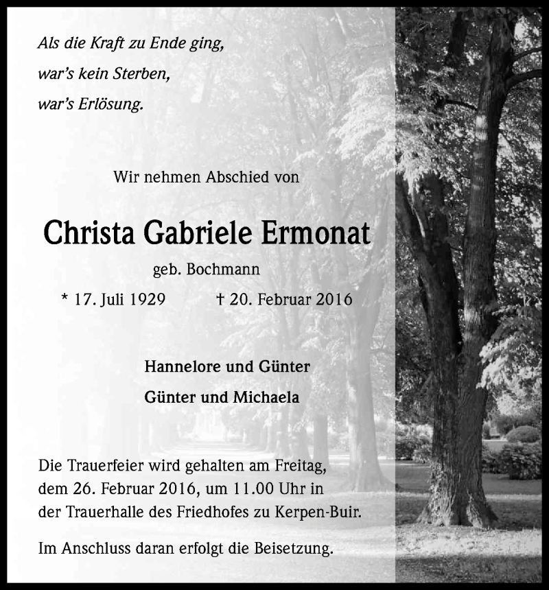  Traueranzeige für Christa Gabriele Ermonat vom 24.02.2016 aus Kölner Stadt-Anzeiger / Kölnische Rundschau / Express