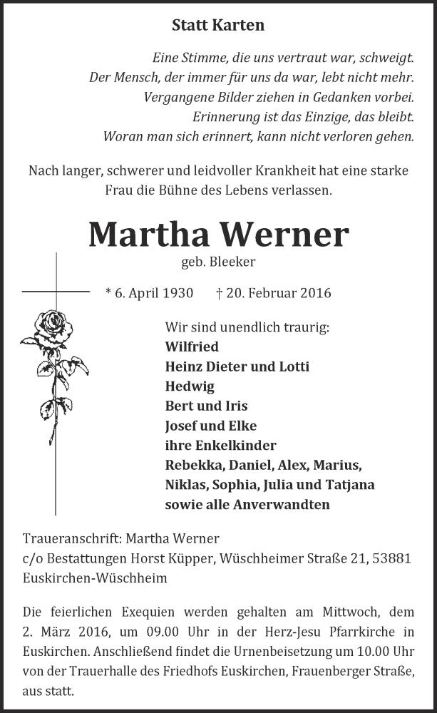 Traueranzeige für Martha Werner vom 28.02.2016 aus  Blickpunkt Euskirchen 