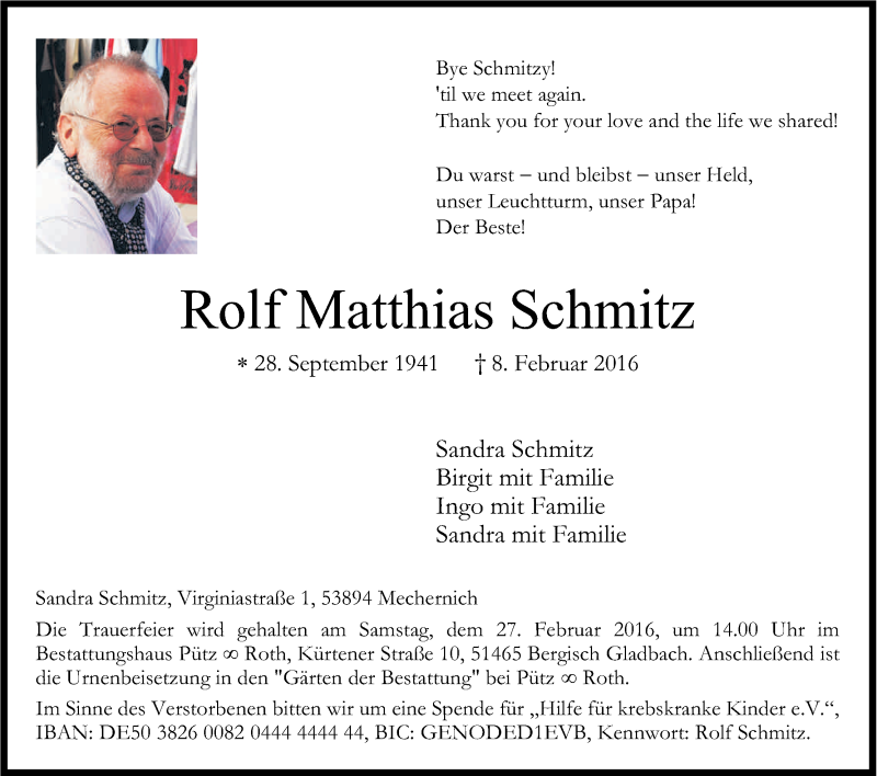  Traueranzeige für Rolf Matthias Schmitz vom 17.02.2016 aus Kölner Stadt-Anzeiger / Kölnische Rundschau / Express