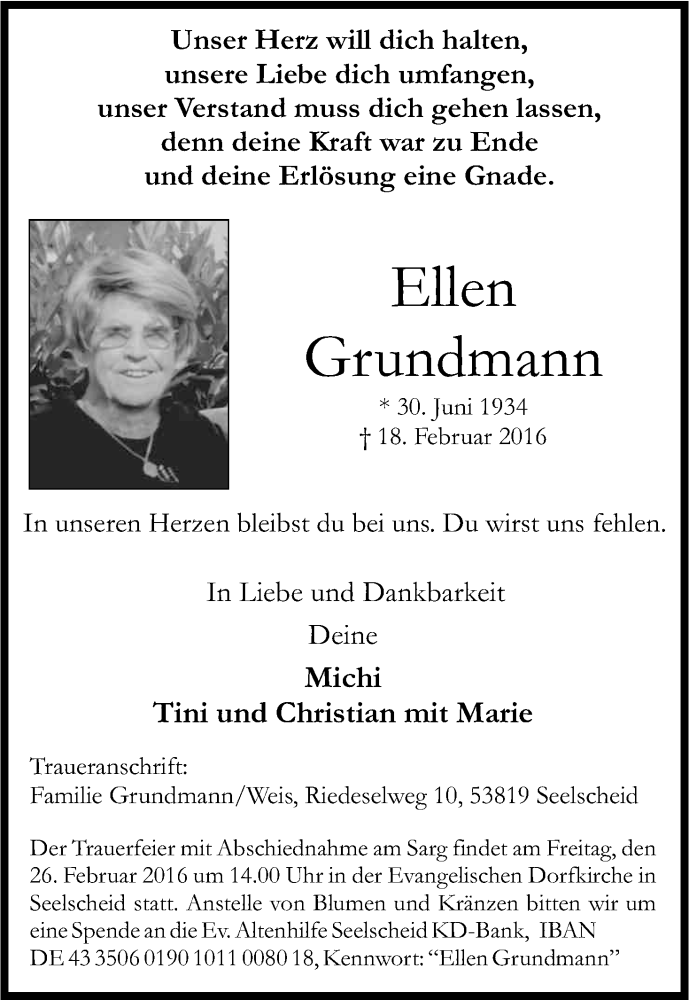  Traueranzeige für Ellen Grundmann vom 20.02.2016 aus Kölner Stadt-Anzeiger / Kölnische Rundschau / Express