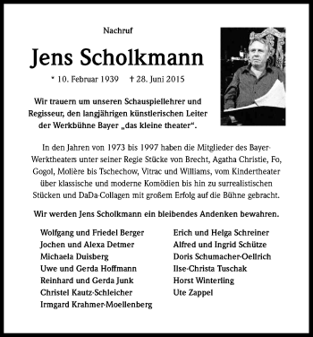 Anzeige von Jens Scholkmann von Kölner Stadt-Anzeiger / Kölnische Rundschau / Express