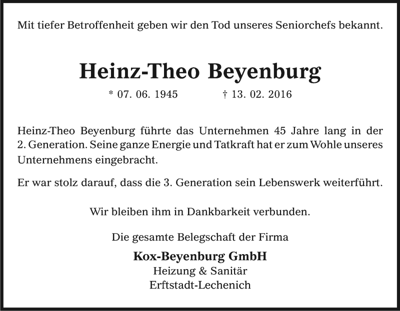  Traueranzeige für Heinz-Theo Beyenburg vom 17.02.2016 aus Kölner Stadt-Anzeiger / Kölnische Rundschau / Express