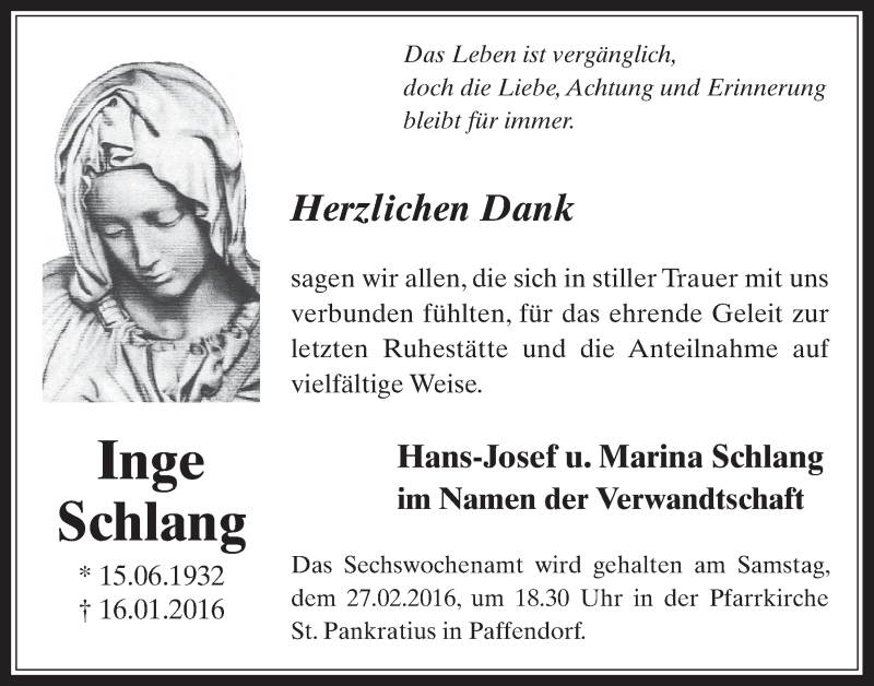  Traueranzeige für Inge Schlang vom 24.02.2016 aus  Werbepost 