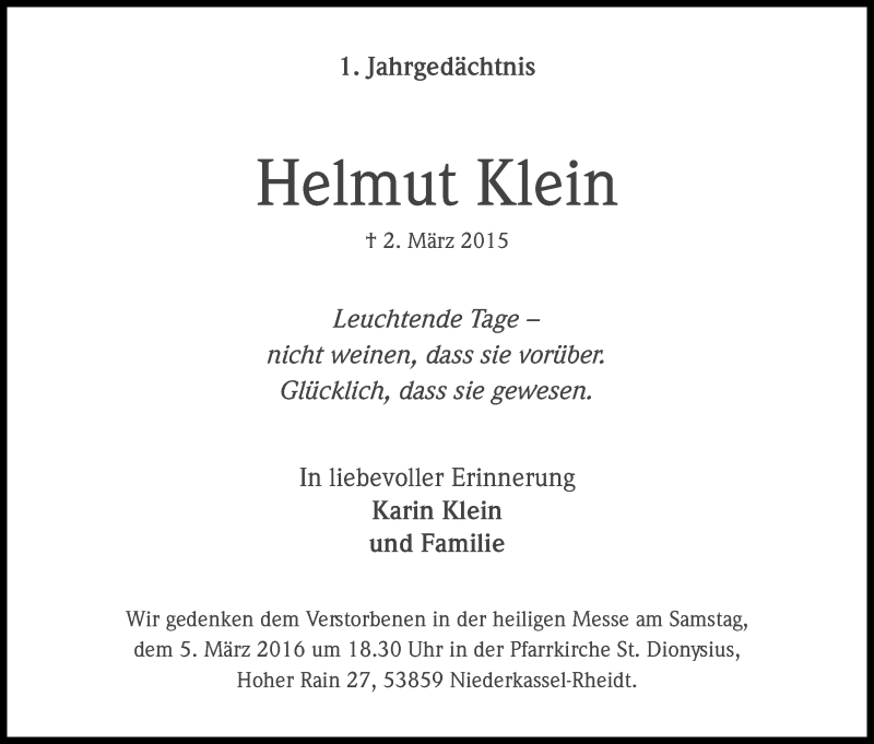  Traueranzeige für Helmut Klein vom 24.02.2016 aus Kölner Stadt-Anzeiger / Kölnische Rundschau / Express