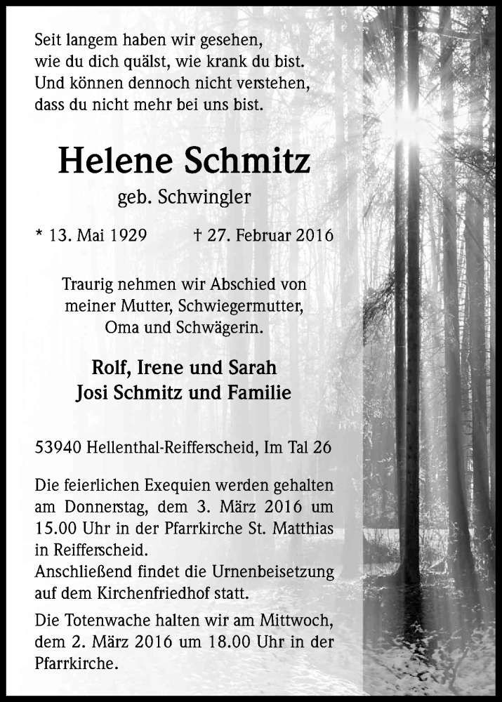  Traueranzeige für Helene Schmitz vom 01.03.2016 aus Kölner Stadt-Anzeiger / Kölnische Rundschau / Express