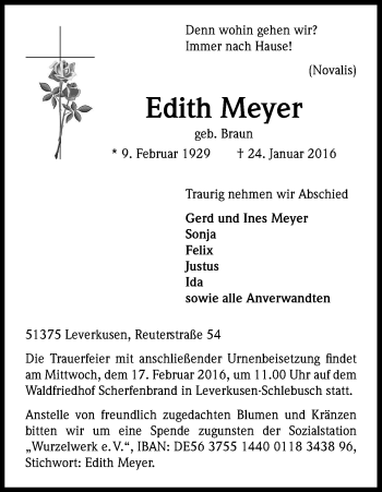 Anzeige von Edith Meyer von Kölner Stadt-Anzeiger / Kölnische Rundschau / Express