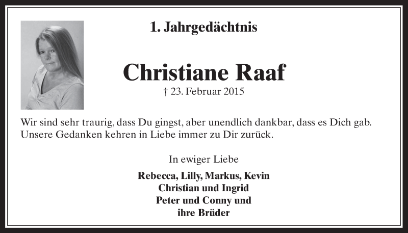  Traueranzeige für Christiane Raaf vom 20.02.2016 aus  Sonntags-Post 