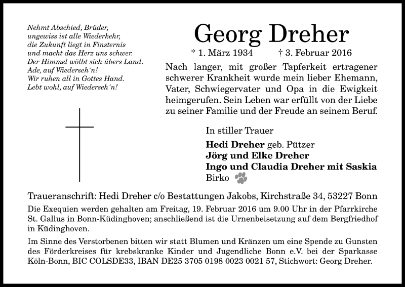  Traueranzeige für Georg Dreher vom 13.02.2016 aus Kölner Stadt-Anzeiger / Kölnische Rundschau / Express