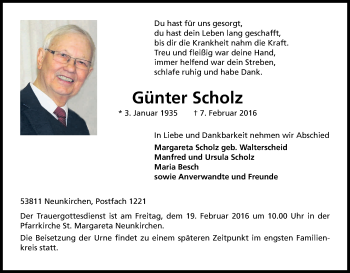 Anzeige von Günter Scholz von Kölner Stadt-Anzeiger / Kölnische Rundschau / Express