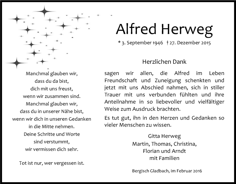  Traueranzeige für Alfred Herweg vom 13.02.2016 aus Kölner Stadt-Anzeiger / Kölnische Rundschau / Express