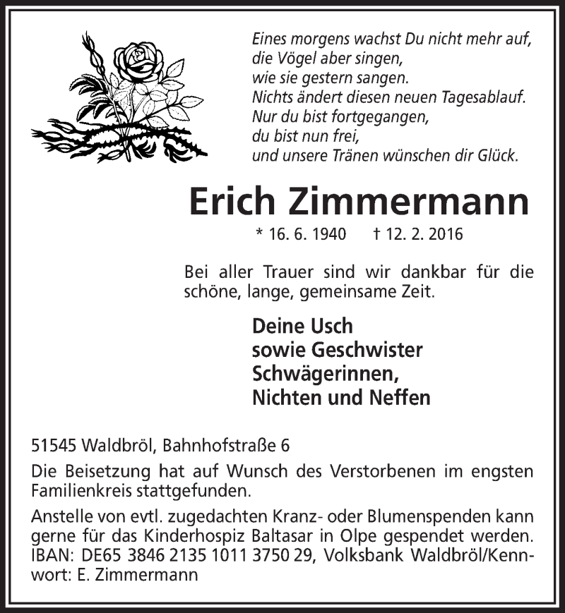  Traueranzeige für Erich Zimmermann vom 24.02.2016 aus  Lokalanzeiger 