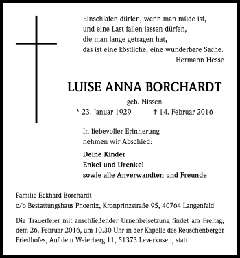 Anzeige von Luise Anna Borchardt von Kölner Stadt-Anzeiger / Kölnische Rundschau / Express