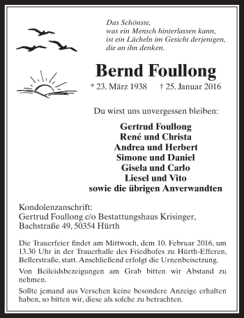 Anzeige von Bernd Foullong von  Wochenende 