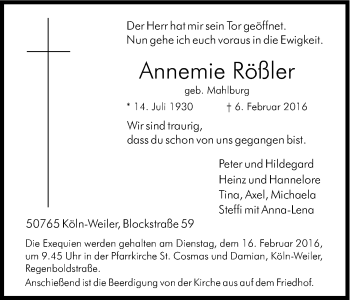 Anzeige von Annemie Rößler von Kölner Stadt-Anzeiger / Kölnische Rundschau / Express