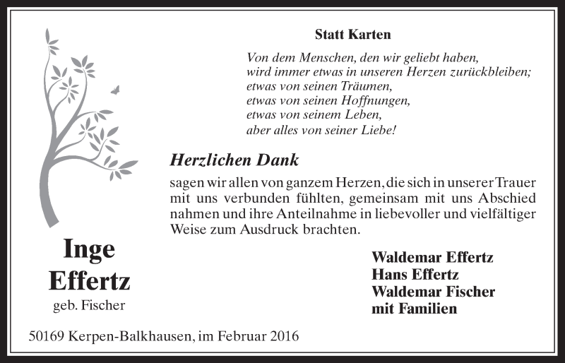 Traueranzeige für Inge Effertz vom 03.02.2016 aus  Werbepost 