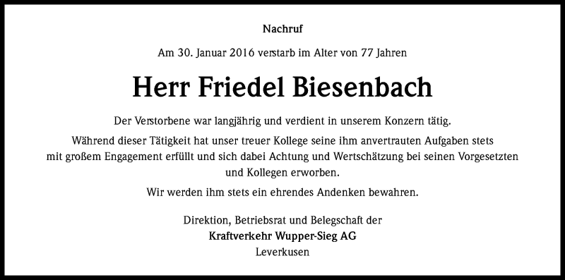  Traueranzeige für Friedel Biesenbach vom 06.02.2016 aus Kölner Stadt-Anzeiger / Kölnische Rundschau / Express