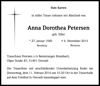 Anzeige von Anna Dorothea Petersen von Kölner Stadt-Anzeiger / Kölnische Rundschau / Express