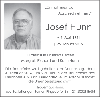 Anzeige von Josef Hunn von  Schlossbote/Werbekurier 