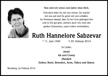 Anzeige von Ruth Hannelore Sabzevar von Kölner Stadt-Anzeiger / Kölnische Rundschau / Express
