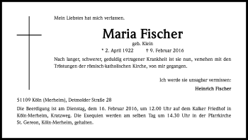 Anzeige von Maria Fischer von Kölner Stadt-Anzeiger / Kölnische Rundschau / Express