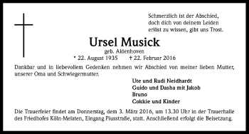 Anzeige von Ursel Musick von Kölner Stadt-Anzeiger / Kölnische Rundschau / Express