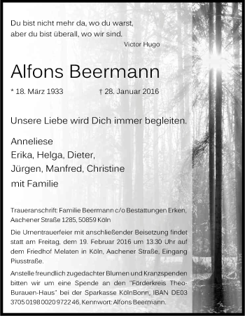 Anzeige von Alfons Beermann von Kölner Stadt-Anzeiger / Kölnische Rundschau / Express
