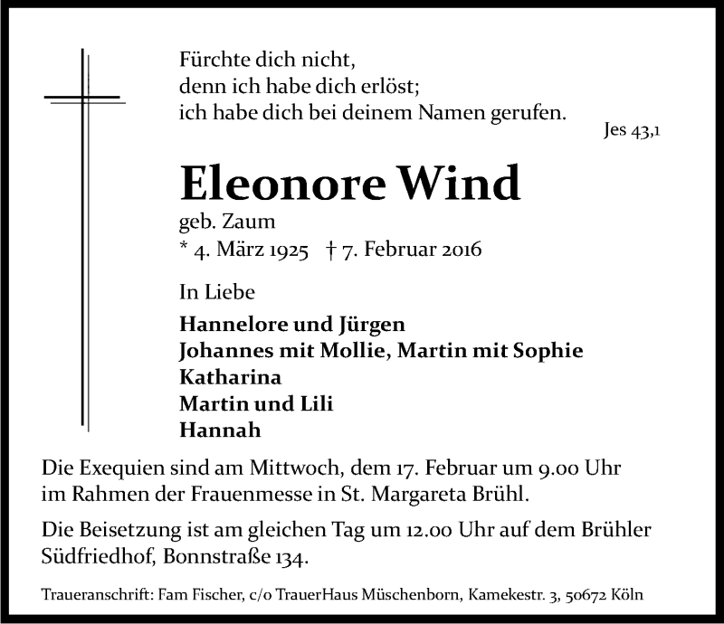  Traueranzeige für Eleonore Wind vom 13.02.2016 aus Kölner Stadt-Anzeiger / Kölnische Rundschau / Express
