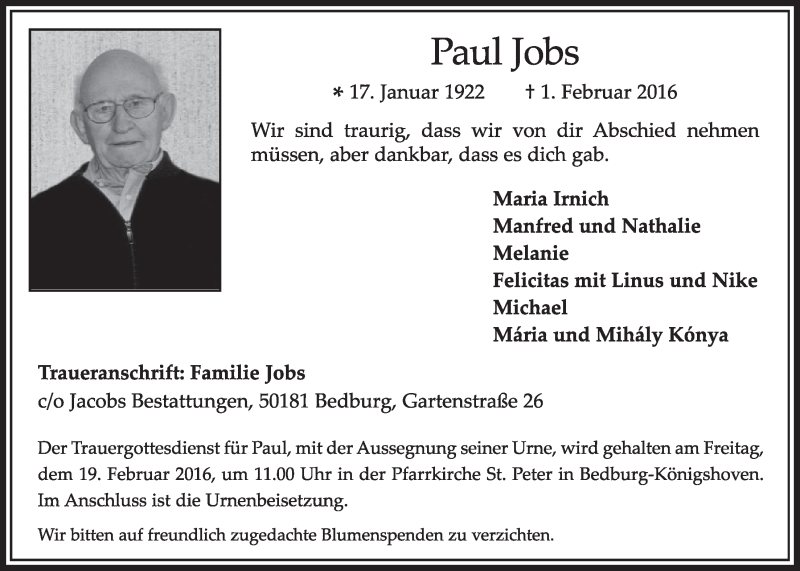  Traueranzeige für Paul Jobs vom 13.02.2016 aus  Sonntags-Post 