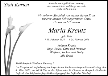 Anzeige von Maria Kreutz von Kölner Stadt-Anzeiger / Kölnische Rundschau / Express