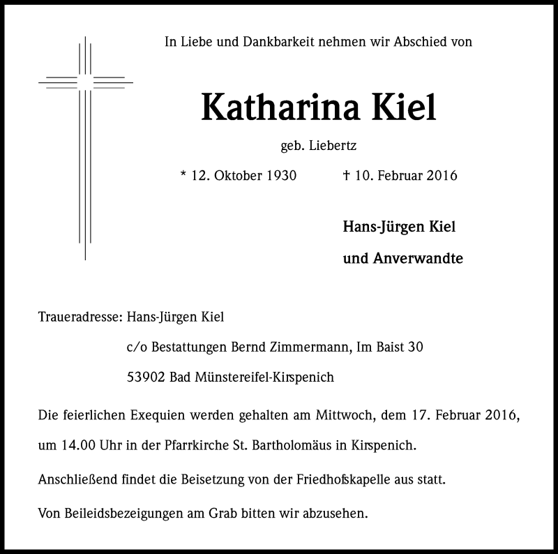  Traueranzeige für Katharina Kiel vom 13.02.2016 aus Kölner Stadt-Anzeiger / Kölnische Rundschau / Express