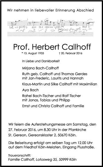 Anzeige von Herbert Callhoff von Kölner Stadt-Anzeiger / Kölnische Rundschau / Express