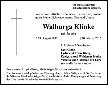 Anzeige von Walburga Klinke von Kölner Stadt-Anzeiger / Kölnische Rundschau / Express