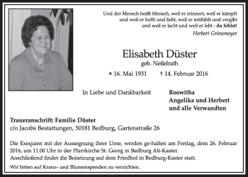 Anzeige von Elisabeth Düster von  Sonntags-Post 