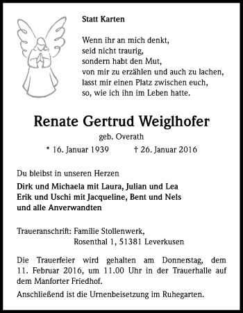 Anzeige von Renate Gertrud Weigihofer von Kölner Stadt-Anzeiger / Kölnische Rundschau / Express