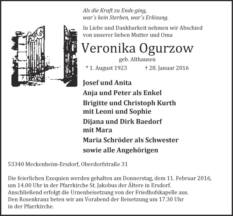  Traueranzeige für Veronika Ogurzow vom 03.02.2016 aus  Schaufenster/Blickpunkt 